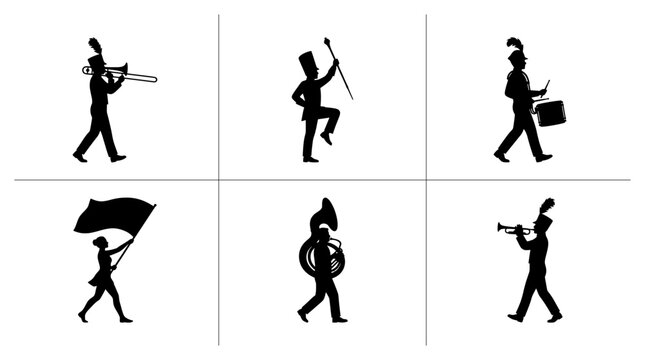 Marching band silhouettes set with drum major, trombone, drum, tuba and flag bearer for performance and parade