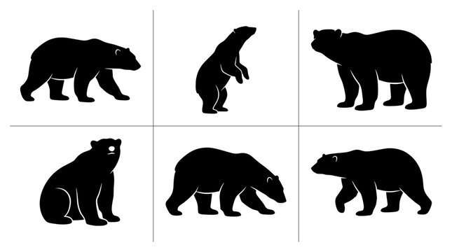 Polar bear silhouettes set with walking, standing and sitting poses for wildlife conservation