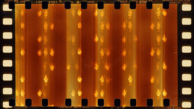 35mm film negative strip border with repeating golden flame pattern and perforations for authentic retro photography and cinema overlays