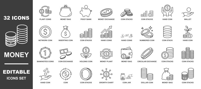 Money icon set. Containing cash, saving, wallet, transfer, withdraw and more icons. Vector illustration. Editable stroke