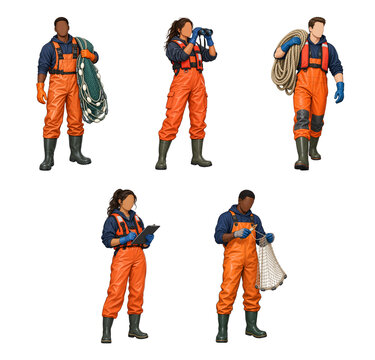 Vector set of professional fishermen and marine crew isolated on a white background, wearing orange waterproof overalls, boots, and holding fishing nets, ropes, and binoculars.