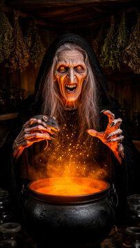 brujer&iacute;a, bruja malvada, hechicer&iacute;a, magia negra, poci&oacute;n m&aacute;gica, caldero de bruja, l&iacute;quido incandescente, ojos sobrenaturales, ojos anaranjados, criatura monstruosa, anciana siniestra, rostro aterrado