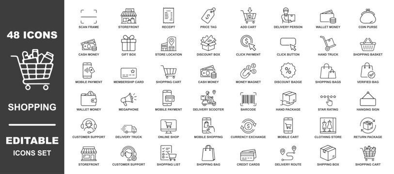 Shopping icon set. Contain icons related to cart, shop, offer, delivery, e-commerce, buy, product, customer, online shopping and more. Editable stroke. Vector illustration