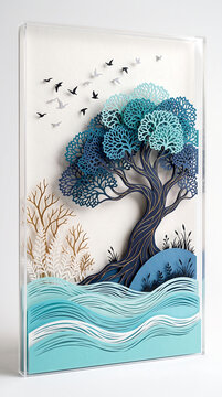 Turquoise-Blue Paper Cut Tree With Intricate Lace Canopy, Layered Water Waves And Flying Birds In Clear Acrylic Box Frame