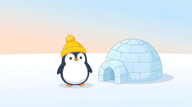 Cute penguin wearing a yellow hat stands near an igloo in a winter landscape