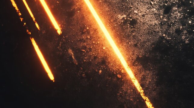 Glowing fiery orange laser beams cutting across dark textured stone ground, intense energy and power concept background design
