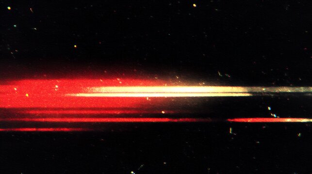 Analog glitch light streak with vintage film grain and glowing red horizontal lines on dark texture background for retro media