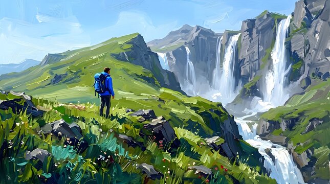 Lone figure admiring majestic waterfalls cascading down lush green cliffs in a vibrant landscape