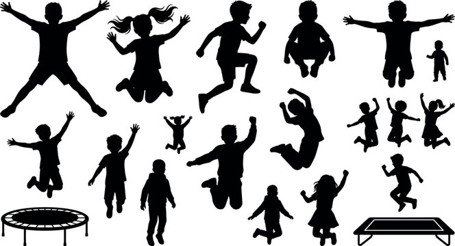 Jumping kids vector silhouettes collection featuring various happy children playing on trampolines isolated on white background