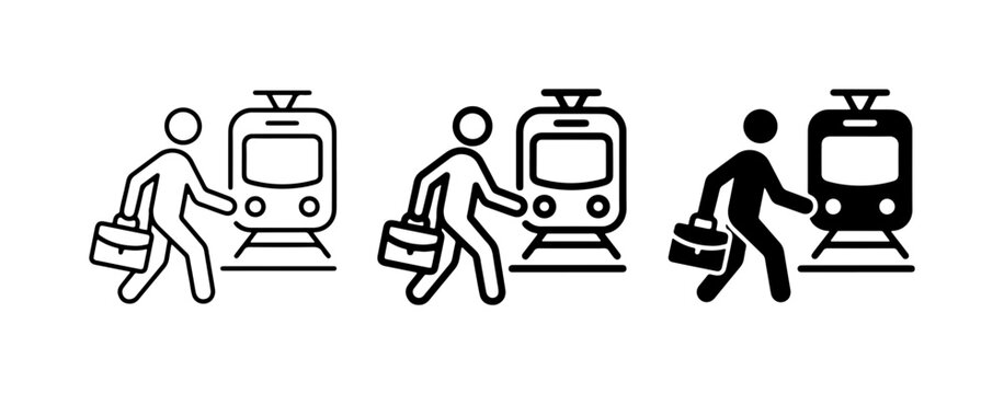 Commuter icons set with train, person with briefcase, and public transport for app and web