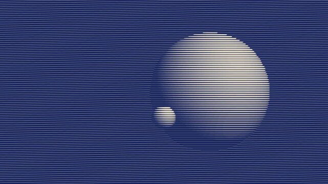 Engraving style line screen planet with a small moon orbiting and light circling seamless loop