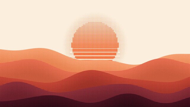 Retro halftone desert dunes and dotted sun with layered hills in warm orange seamless loop