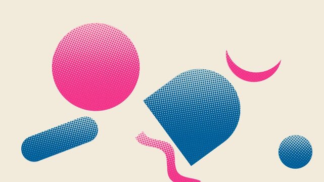 Risograph style pink and blue halftone shapes drifting on paper with misregistration seamless loop