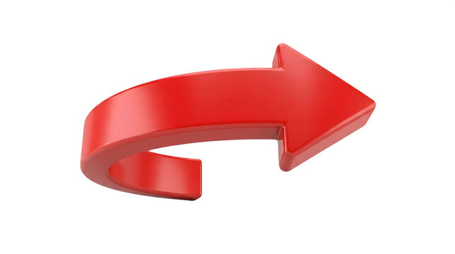 Glossy red curved arrow pointing right with a looping swirl isolated on transparent background