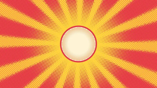 Comic halftone sunburst rays turning around a clean center disc in red and yellow seamless loop