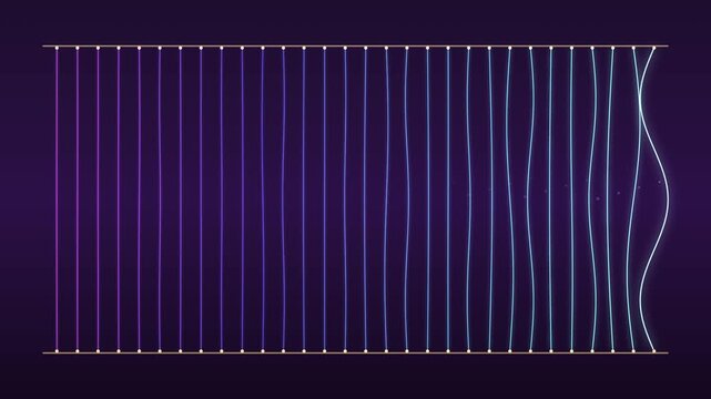 Glowing neon harp strings plucked in glissandos and vibrating as standing waves