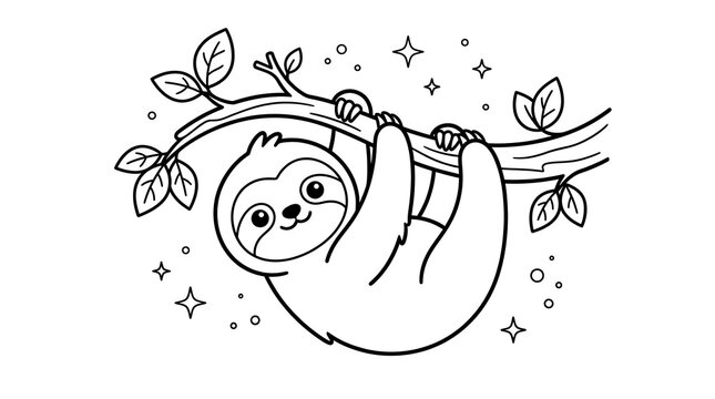 Cute sloth hanging on tree branch coloring page illustration
