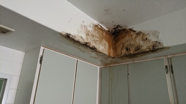 Water damage on ceiling corner showcases mold growth, indicating structural issues and requiring immediate repair solutions