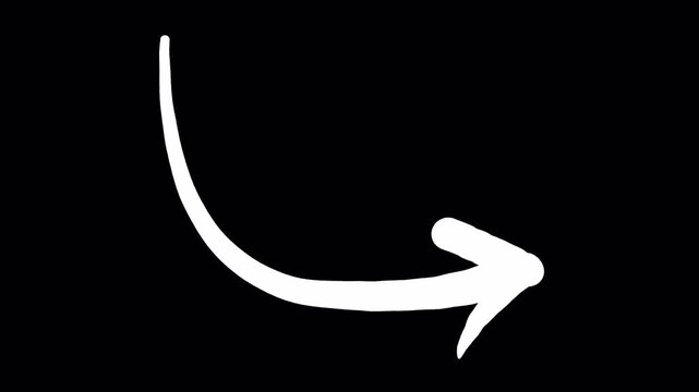 4k Hand-drawn white arrow animation, minimalist curved pointer motion graphic, organic brush stroke directional symbol for video editing isolated on Transparent Background Doodle Arrow