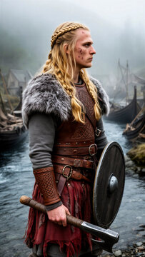 guerrero vikingo, guerrero n&oacute;rdico, cultura vikinga, mitolog&iacute;a n&oacute;rdica, hombre guerrero, guerrero medieval, vikingo rubio, cabello largo, trenzas vikingas, barba corta, armadura de cuero, armadura med