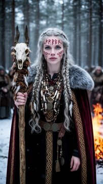 guerrera vikinga, mujer n&oacute;rdica, sacerdotisa vikinga, cultura vikinga, mitolog&iacute;a n&oacute;rdica, mujer guerrera, chamana n&oacute;rdica, ritual ancestral, runas vikingas, s&iacute;mbolos r&uacute;nicos, pintura facial, cabello p