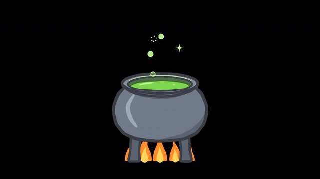 Witches cauldron cartoon with bubbling magic potion brew over fire for fantasy and halloween overlay animated loop transparent background
