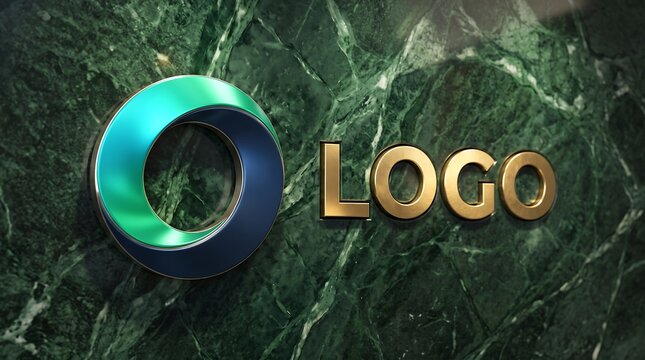 Luxury 3D Letter O Logo Mockup with Gold Text on Green Marble Wall