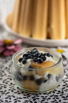 Delicious summer dessert with whipped and sour cream covered with baked sponges, tasty cold cake for hot summer days
