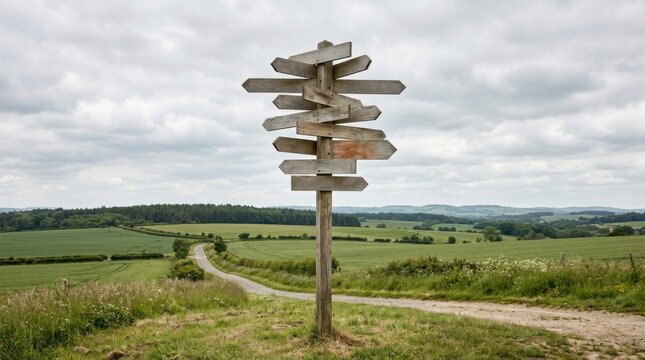 Wooden directional signpost in rural landscape with multiple paths and directions