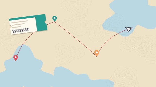 Dashed travel route drawing itself on a paper map with a plane pins and tickets