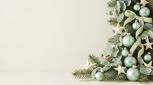 Elegant Christmas tree garland with pale green ornaments and stars on a soft cream background with copy space