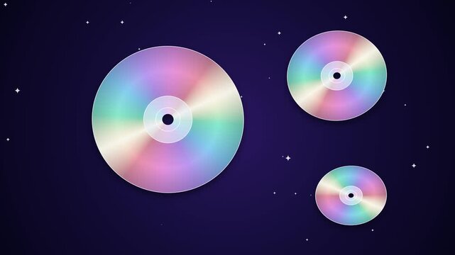 Spinning compact discs throwing rainbow sheen in deep space with twinkling stars seamless loop