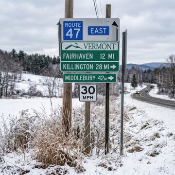 Vermont Route 47 East Road Sign with Snow and Winter Landscape