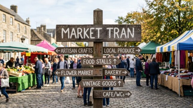 Wooden Signpost in Bustling Outdoor Market with Market Tran and Directions to Artisan Crafts Local Produce Food Stalls Flower Market Bakery Vintage Goods Cafe WC