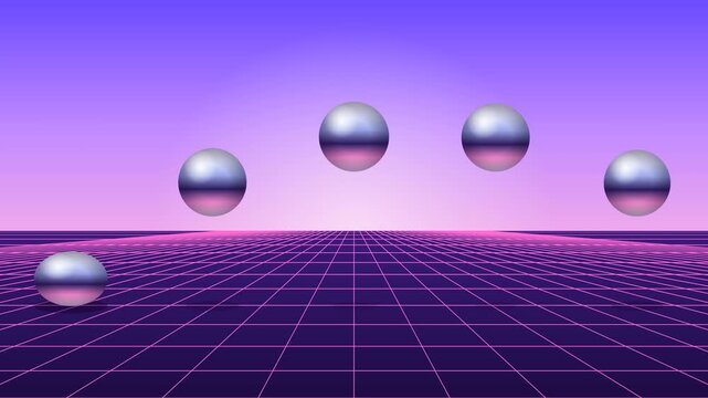 Chrome balls bouncing on a neon perspective grid with squash on impact seamless loop