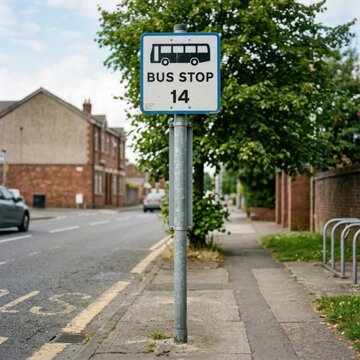 Urban bus stop sign with route number 14 on a sidewalk next to a street with trees and houses