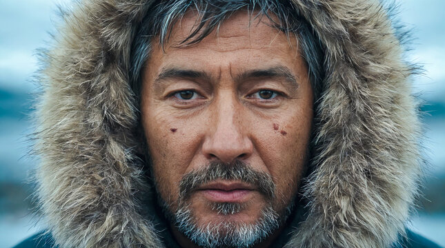 PRIMO PIANO DI UN UOMO INUIT CON PARKA CON CAPPUCCIO DI PELLICCIA SU SFONDO PAESAGGIO INVERNALE
