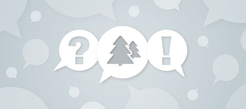 FAQ website graphic with question mark, evergreen trees icon and exclamation mark inside speech bubbles on grey background representing nature questions and answers