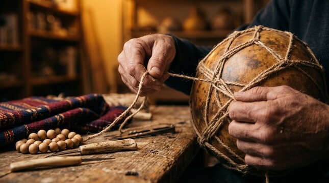 Hands weave a gourd resonator for oral history