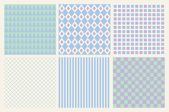 Minimalist geometric seamless pattern collection featuring pastel blue green and lilac shapes.