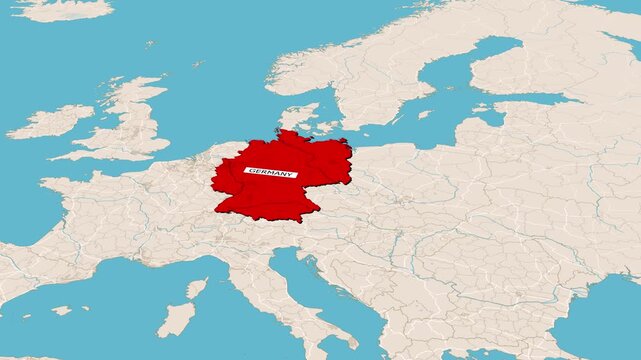 3D animated perspective map of Germany in red highlighting capital city Berlin with location pin