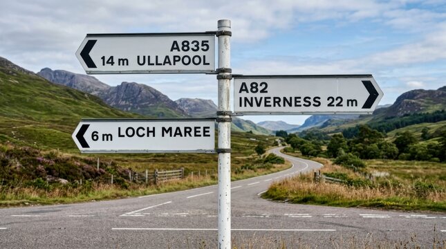 Scottish Highlands Crossroads Signpost pointing to Ullapool Inverness and Loch Maree with scenic winding road and mountains
