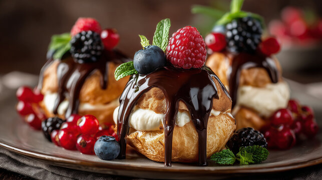 Vanilla cream profiteroles with chocolate sauce and fresh berries, elegant New Year dessert buffet, dark luxury background