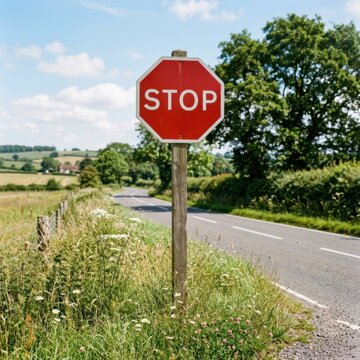 Red octagonal stop sign on wooden post beside a country road with green fields and trees under a blue sky