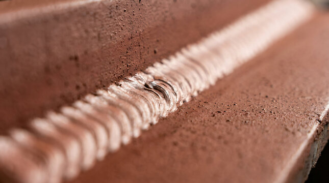Close-up macro shot of a precise metal welding seam connecting two structural steel plates, showcasing detailed metallic textures, thermal discoloration, professional manufacturing craftsmanship,