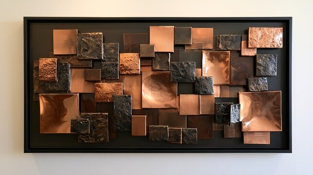 Abstract wall decor presents layered copper and charcoal squares, forming a textured, modern art piece, suitable for interior design