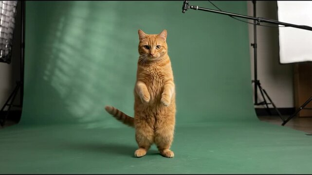 Orange tabby cat dancing upright on its hind legs with raised paws, a seamless funny pet loop for memes and entertainment content