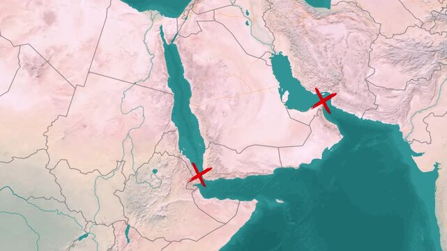 Middle East major chokepoints blockade map showing Strait of Hormuz and Bab el Mandeb closed