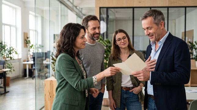 Team celebrating achievement with appreciation card in modern office  
