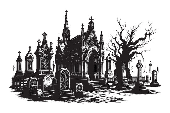 A gothic mausoleum and graveyard in a detailed black and white illustration